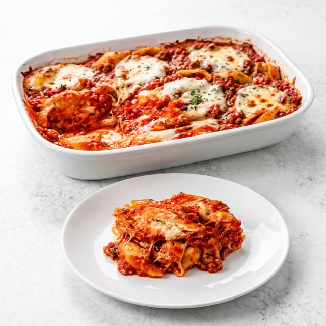 Stuffed Shells with Meat Sauce Parmigiana.