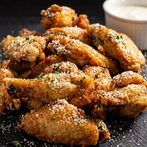 Crispy chicken wings topped with Parmesan cheese and herbs, served with a side of dipping sauce.