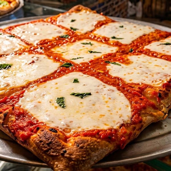 Square-cut Sicilian pizza with melted mozzarella, rich tomato sauce, and fresh basil on a metal tray.