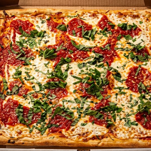 A rectangular pizza with red sauce, melted white cheese, and fresh green basil in a cardboard box.