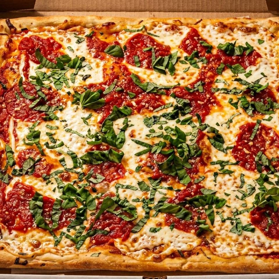 A rectangular pizza with red sauce, melted white cheese, and fresh green basil in a cardboard box.