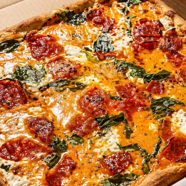Square pizza with pepperoni, basil, and creamy orange sauce in a cardboard box.