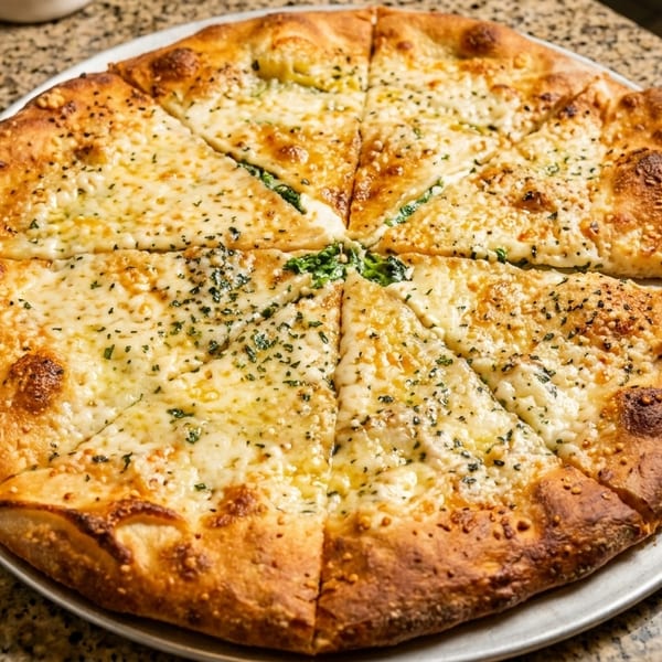 A freshly baked, sliced white pizza with melted cheese and herbs on a metal tray.