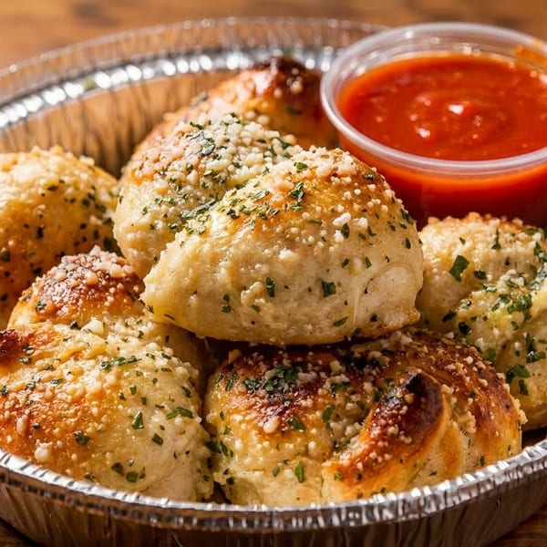 Garlic knots topped with herbs and parmesan cheese, served in a foil container with marinara sauce.