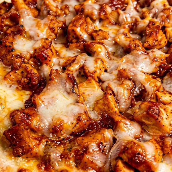 Close-up of a BBQ chicken pizza with melted cheese and a golden crust.