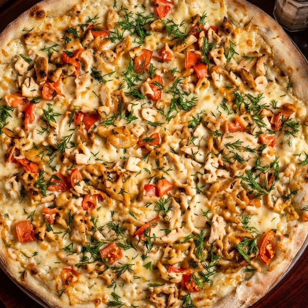 A whole chicken and tomato pizza with dill on a wooden table next to salt and pepper shakers.