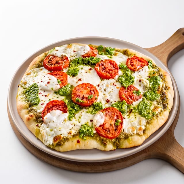 Fresh Mozzarella Pesto Basil Pizza.